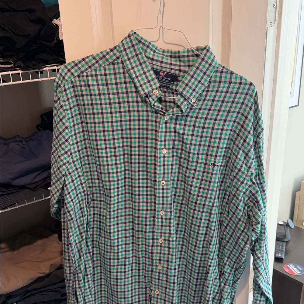 Vineyard Vines Men's Green and Blue Plaid Shirt